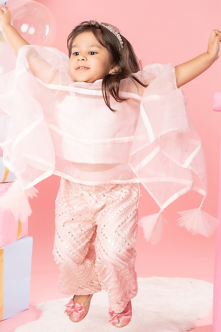 Peach Organza & Net Embroidered Cape Set For Girls by Kirti Agarwal Pret n Couture at Pernia's Pop Up Shop