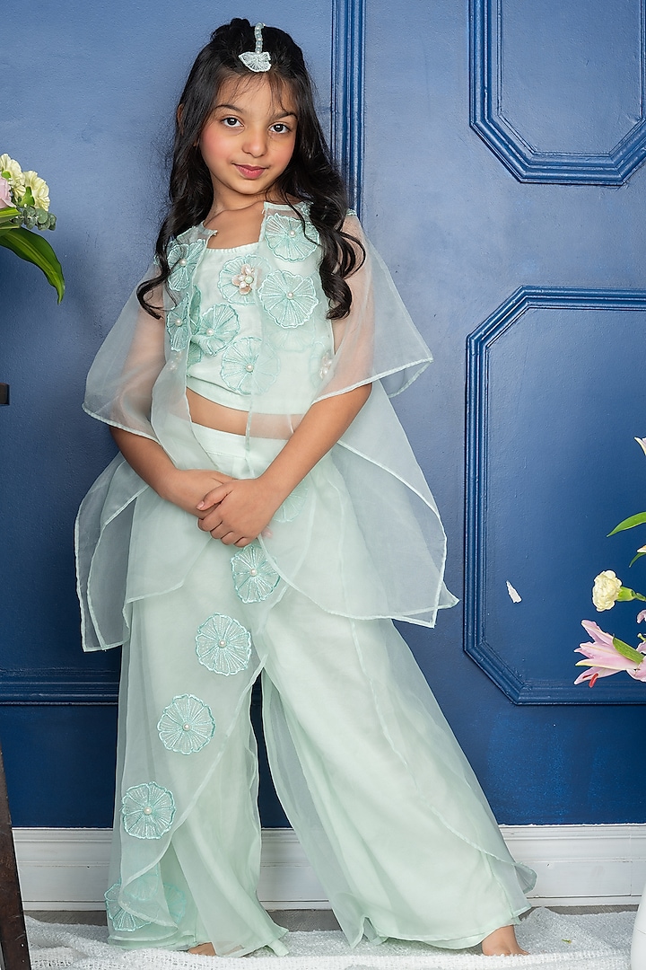 Sea Green Organza Floral & Pearl Embroidered Cape Set For Girls by  Kirti Agarwal Pret n Couture