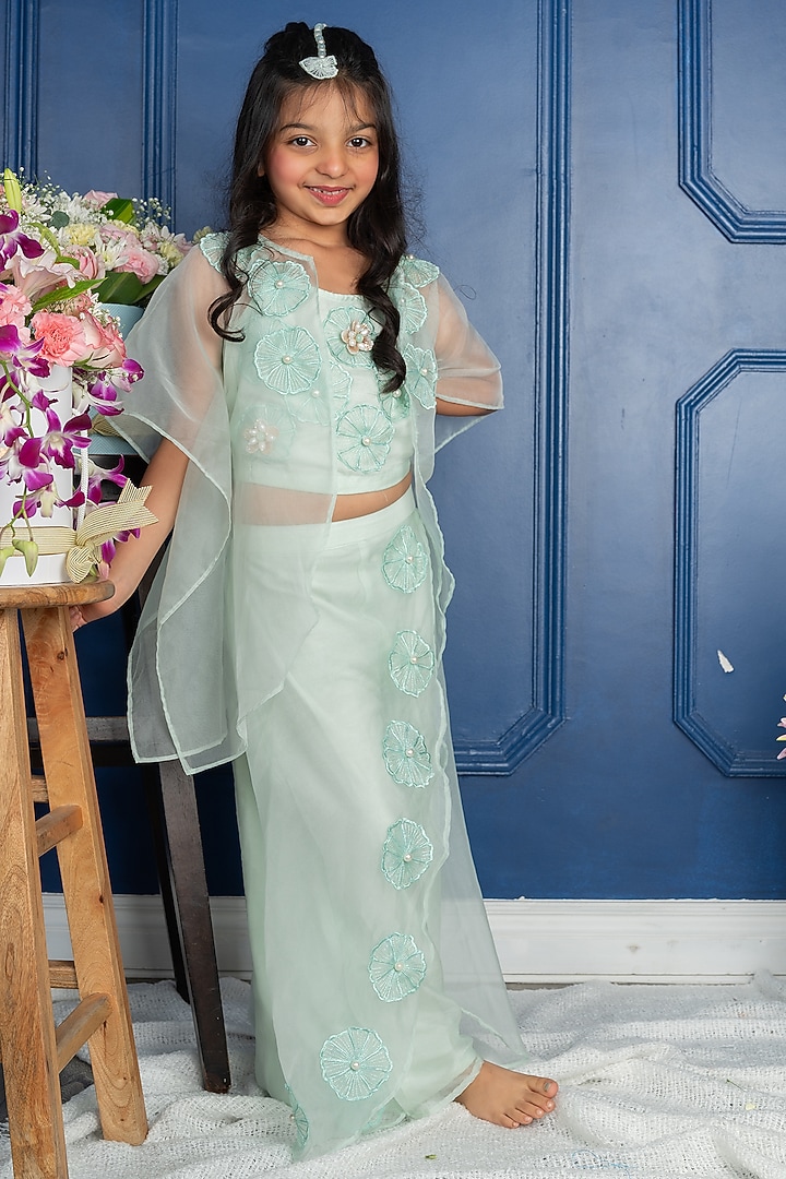 Sea Green Organza Floral & Pearl Embroidered Cape Set For Girls by Kirti Agarwal Pret n Couture at Pernia's Pop Up Shop