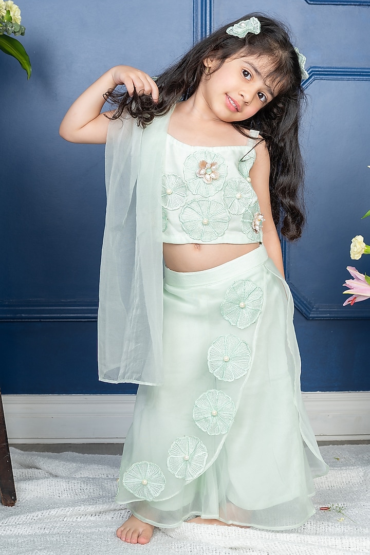 Sea Green Organza Floral & Pearl Embroidered Cape Set For Girls by Kirti Agarwal Pret n Couture at Pernia's Pop Up Shop