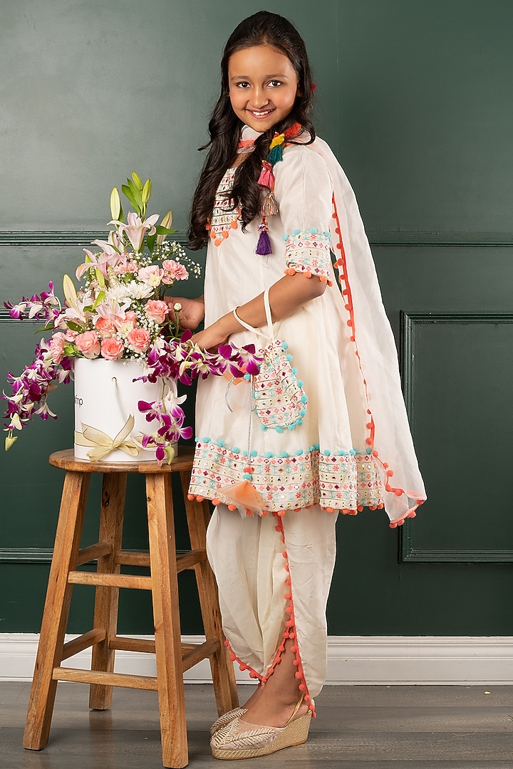Off-white Dola Silk Embroidered Dhoti Set For Girls by Kirti Agarwal Pret n Couture at Pernia's Pop Up Shop