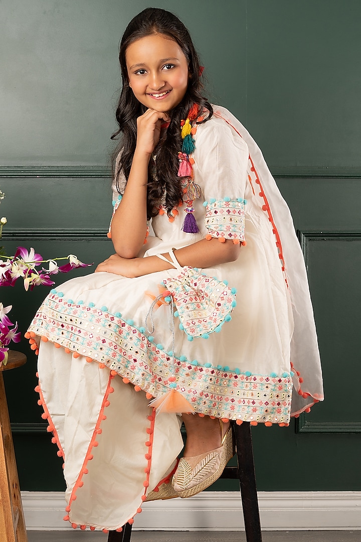 Off-white Dola Silk Embroidered Dhoti Set For Girls by Kirti Agarwal Pret n Couture at Pernia's Pop Up Shop