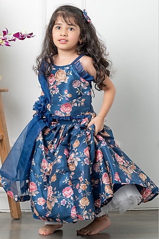 Blue Embroidered Silk Lehenga Set For Girls by Kirti Agarwal Pret n Couture