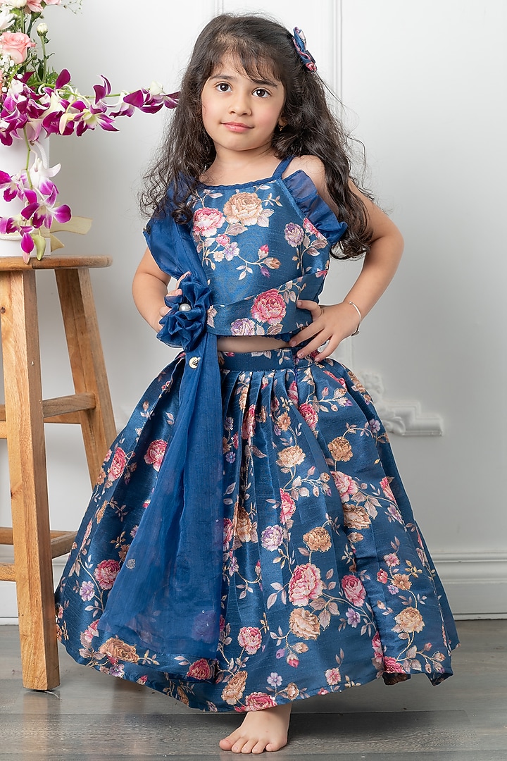 Blue Embroidered Silk Lehenga Set For Girls by Kirti Agarwal Pret n Couture at Pernia's Pop Up Shop