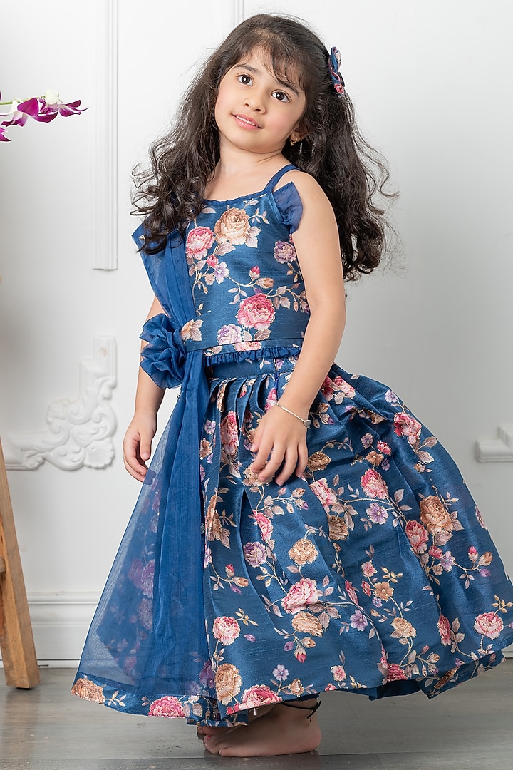 Blue Embroidered Silk Lehenga Set For Girls by Kirti Agarwal Pret n Couture at Pernia's Pop Up Shop