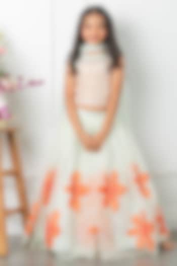 Sea Green Silk Floral & Applique Embroidered Lehenga Set For Girls by Kirti Agarwal Pret n Couture at Pernia's Pop Up Shop