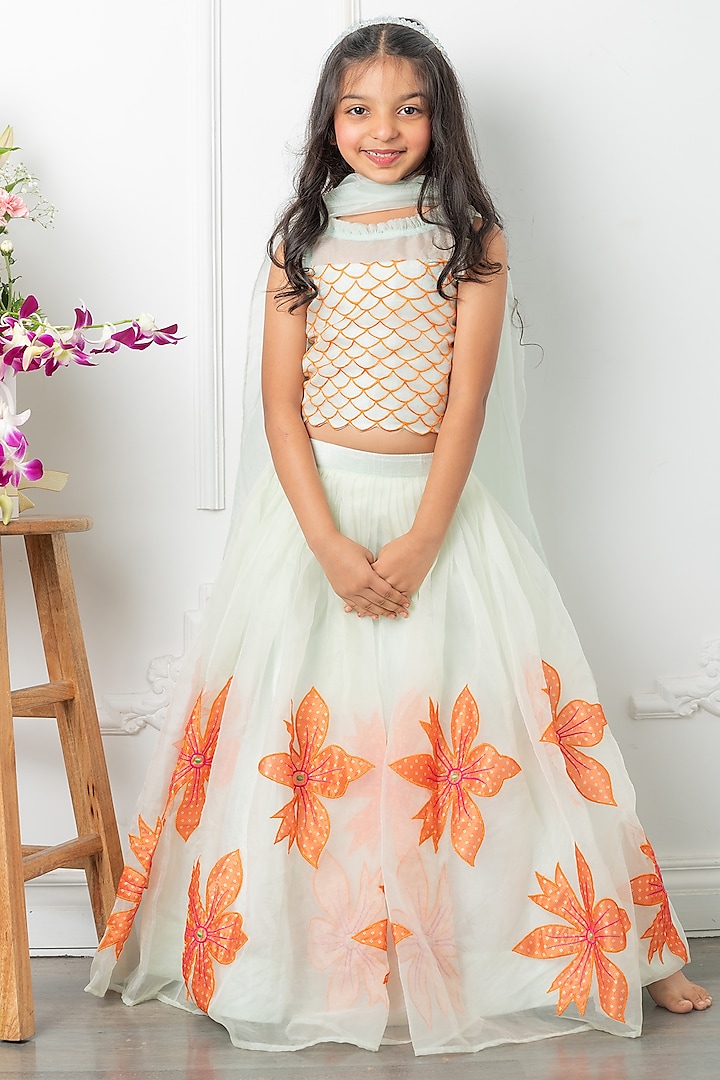 Sea Green Silk Floral & Applique Embroidered Lehenga Set For Girls by Kirti Agarwal Pret n Couture at Pernia's Pop Up Shop