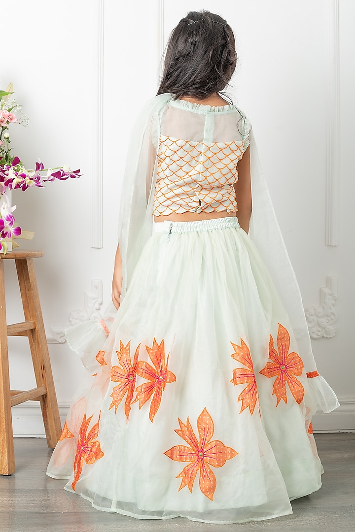 Sea Green Silk Floral & Applique Embroidered Lehenga Set For Girls by Kirti Agarwal Pret n Couture at Pernia's Pop Up Shop