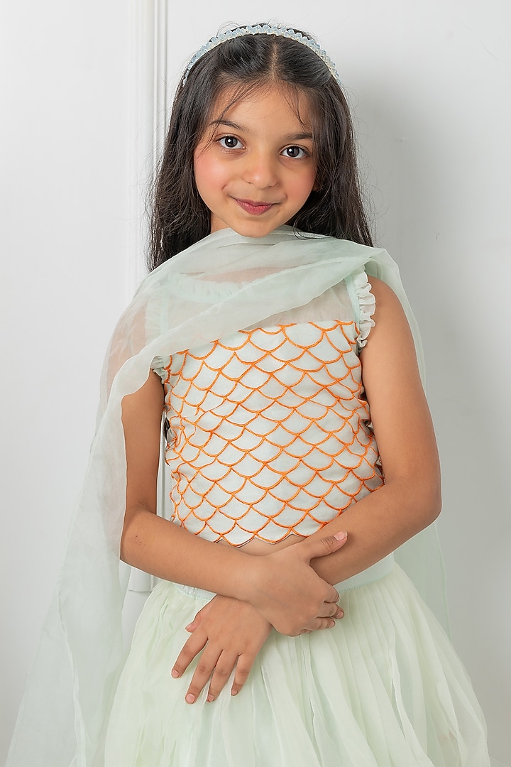 Sea Green Silk Floral & Applique Embroidered Lehenga Set For Girls by Kirti Agarwal Pret n Couture at Pernia's Pop Up Shop
