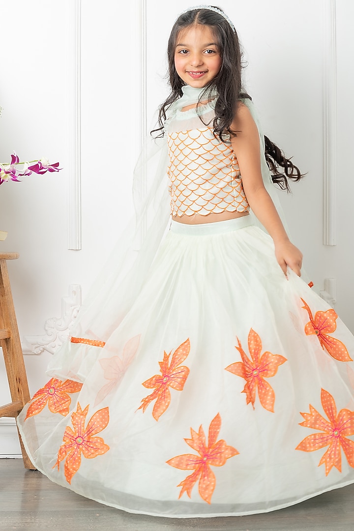 Sea Green Silk Floral & Applique Embroidered Lehenga Set For Girls by Kirti Agarwal Pret n Couture at Pernia's Pop Up Shop