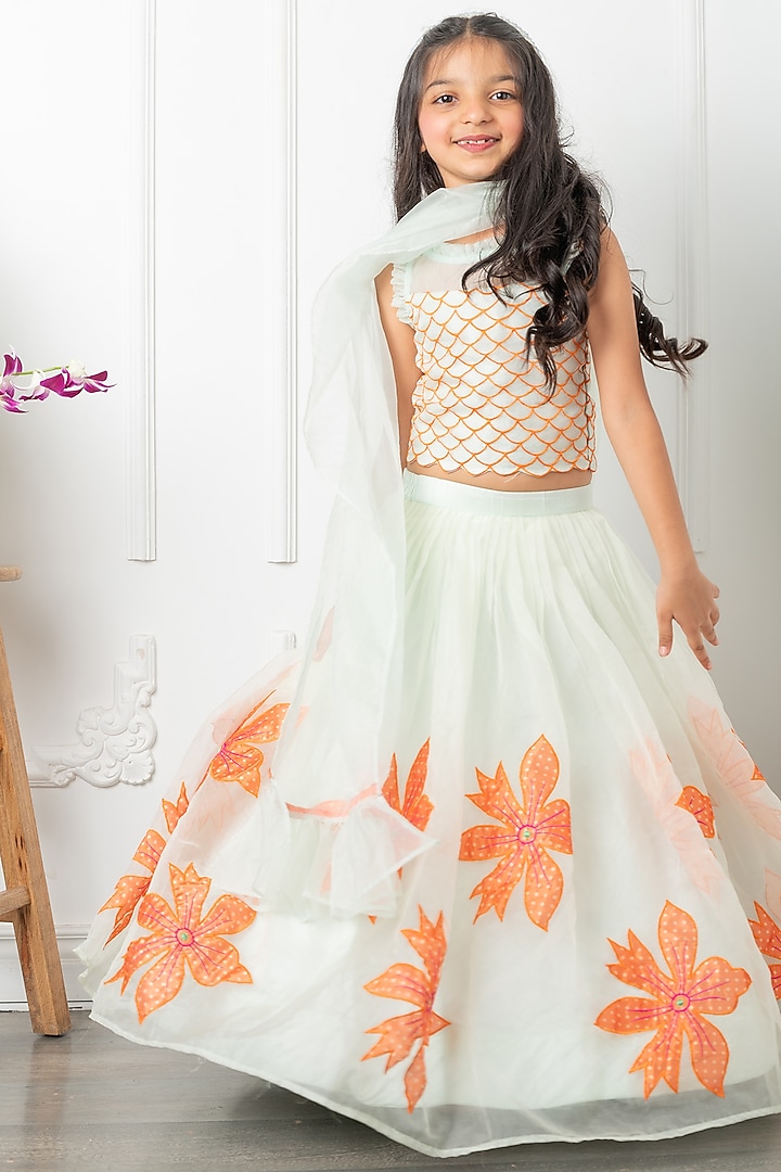 Sea Green Silk Floral & Applique Embroidered Lehenga Set For Girls by Kirti Agarwal Pret n Couture at Pernia's Pop Up Shop