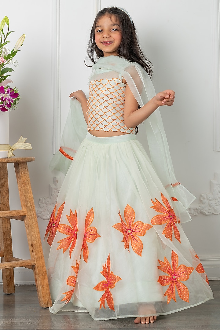 Sea Green Silk Floral & Applique Embroidered Lehenga Set For Girls by Kirti Agarwal Pret n Couture at Pernia's Pop Up Shop