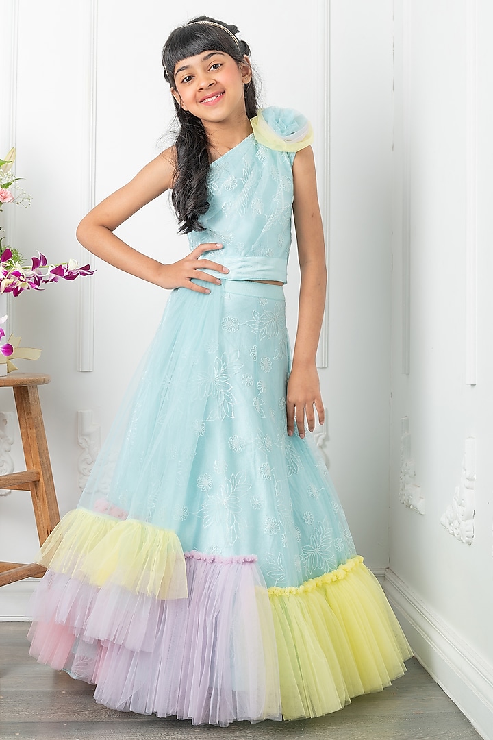Blue Embroidered Net Lehenga Set For Girls by Kirti Agarwal Pret n Couture at Pernia's Pop Up Shop
