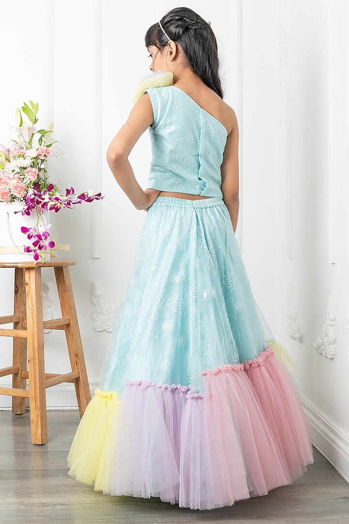 Blue Embroidered Net Lehenga Set For Girls by Kirti Agarwal Pret n Couture at Pernia's Pop Up Shop