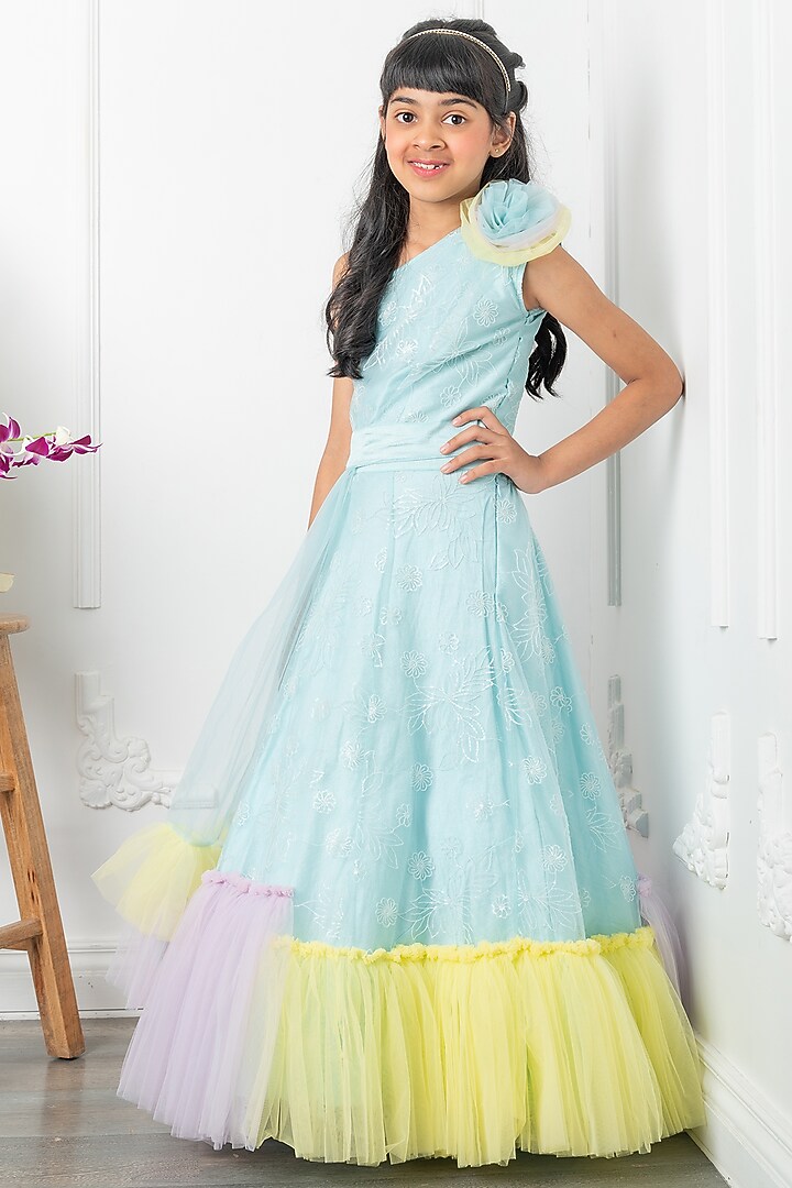 Blue Embroidered Net Lehenga Set For Girls by Kirti Agarwal Pret n Couture at Pernia's Pop Up Shop