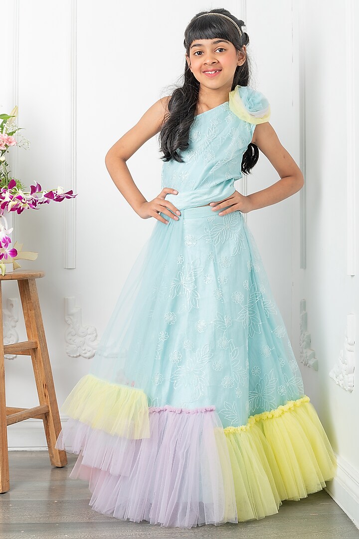 Blue Embroidered Net Lehenga Set For Girls by Kirti Agarwal Pret n Couture at Pernia's Pop Up Shop