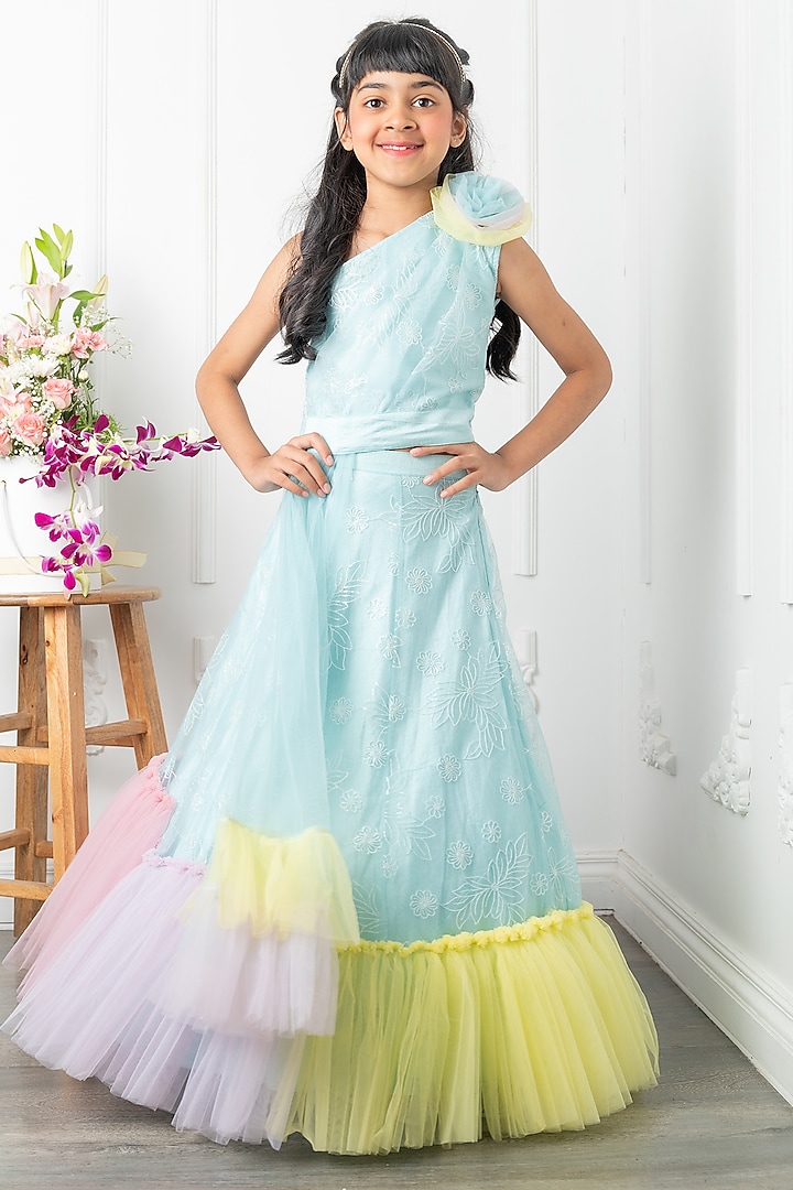 Blue Embroidered Net Lehenga Set For Girls by Kirti Agarwal Pret n Couture at Pernia's Pop Up Shop