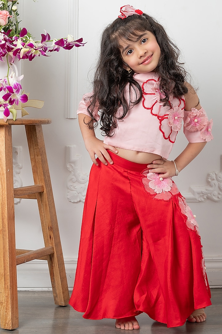 Pink & Red Organza satin Floral Embroidered Co-Ord Set For Girls by  Kirti Agarwal Pret n Couture at Pernia's Pop Up Shop