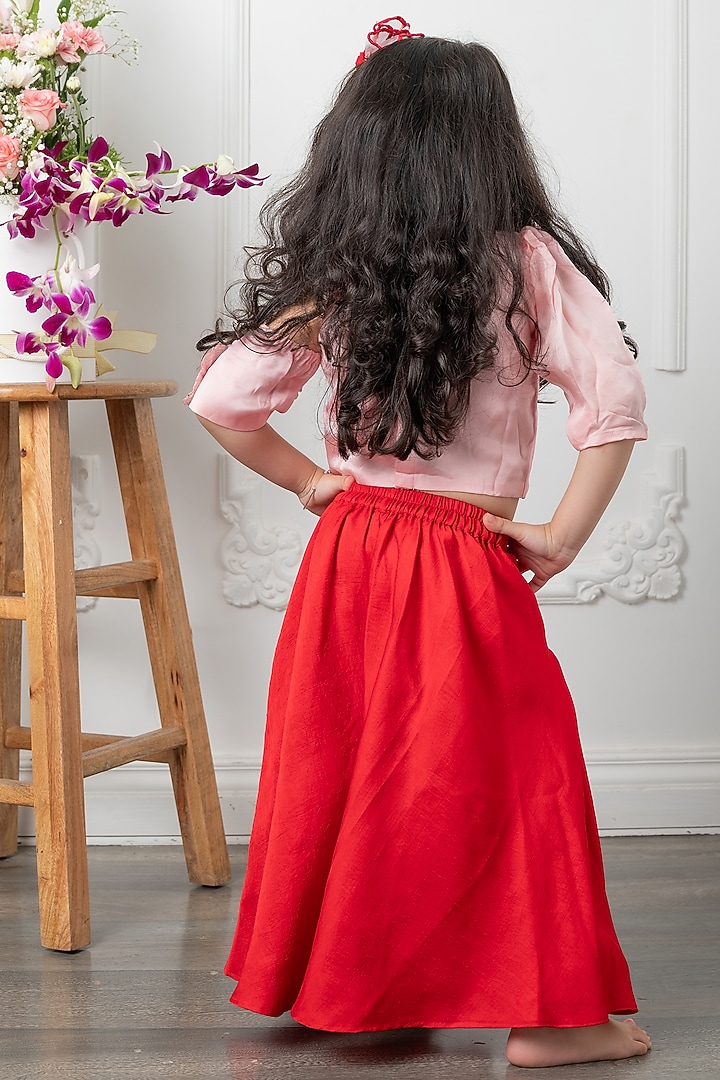 Pink & Red Organza satin Floral Embroidered Co-Ord Set For Girls by Kirti Agarwal Pret n Couture at Pernia's Pop Up Shop