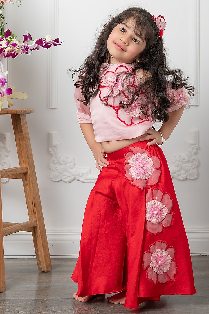 Pink & Red Organza satin Floral Embroidered Co-Ord Set For Girls by Kirti Agarwal Pret n Couture at Pernia's Pop Up Shop