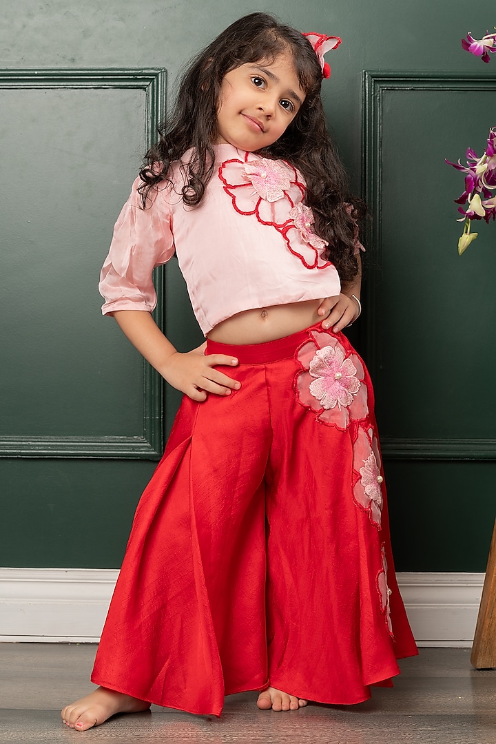 Pink & Red Organza satin Floral Embroidered Co-Ord Set For Girls by Kirti Agarwal Pret n Couture at Pernia's Pop Up Shop