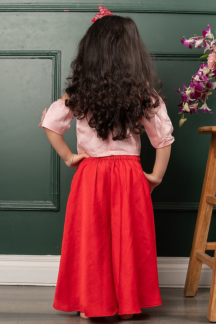 Pink & Red Organza satin Floral Embroidered Co-Ord Set For Girls by Kirti Agarwal Pret n Couture at Pernia's Pop Up Shop
