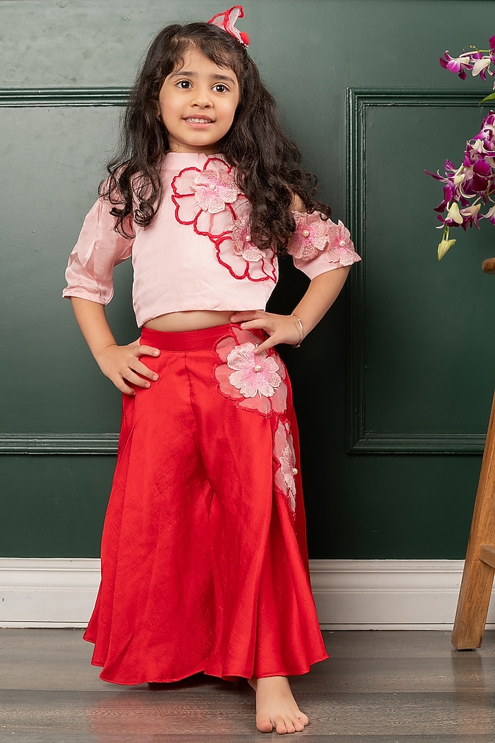 Pink & Red Organza satin Floral Embroidered Co-Ord Set For Girls by Kirti Agarwal Pret n Couture at Pernia's Pop Up Shop