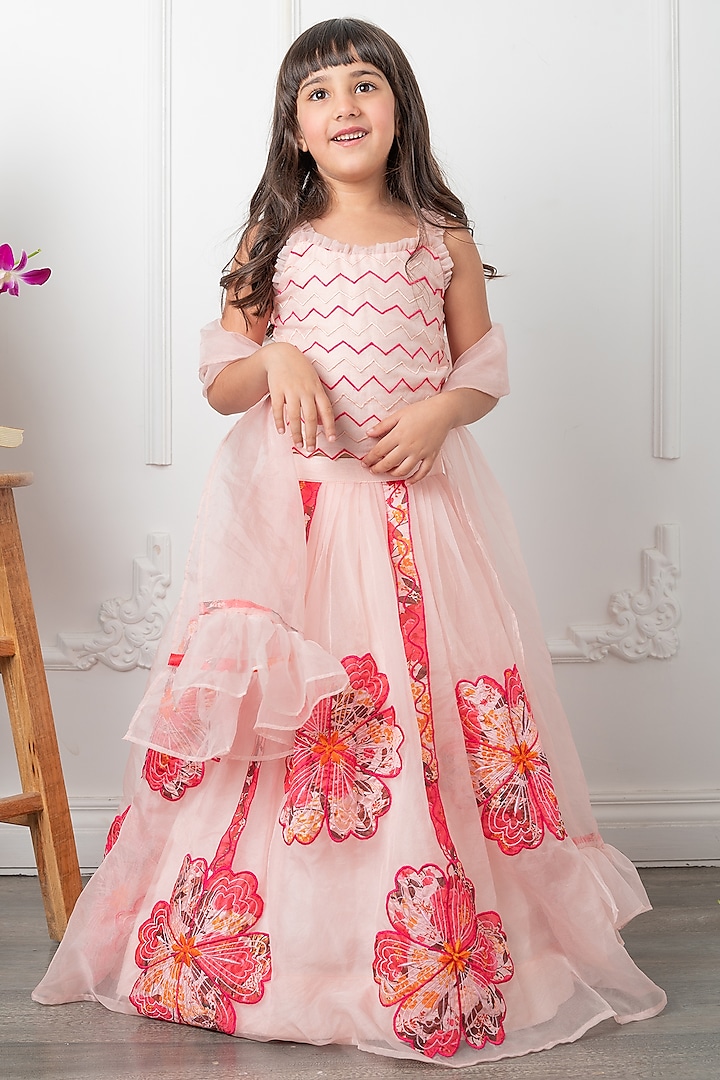 Pink Silk Floral & Applique Embroidered Lehenga Set For Girls by  Kirti Agarwal Pret n Couture