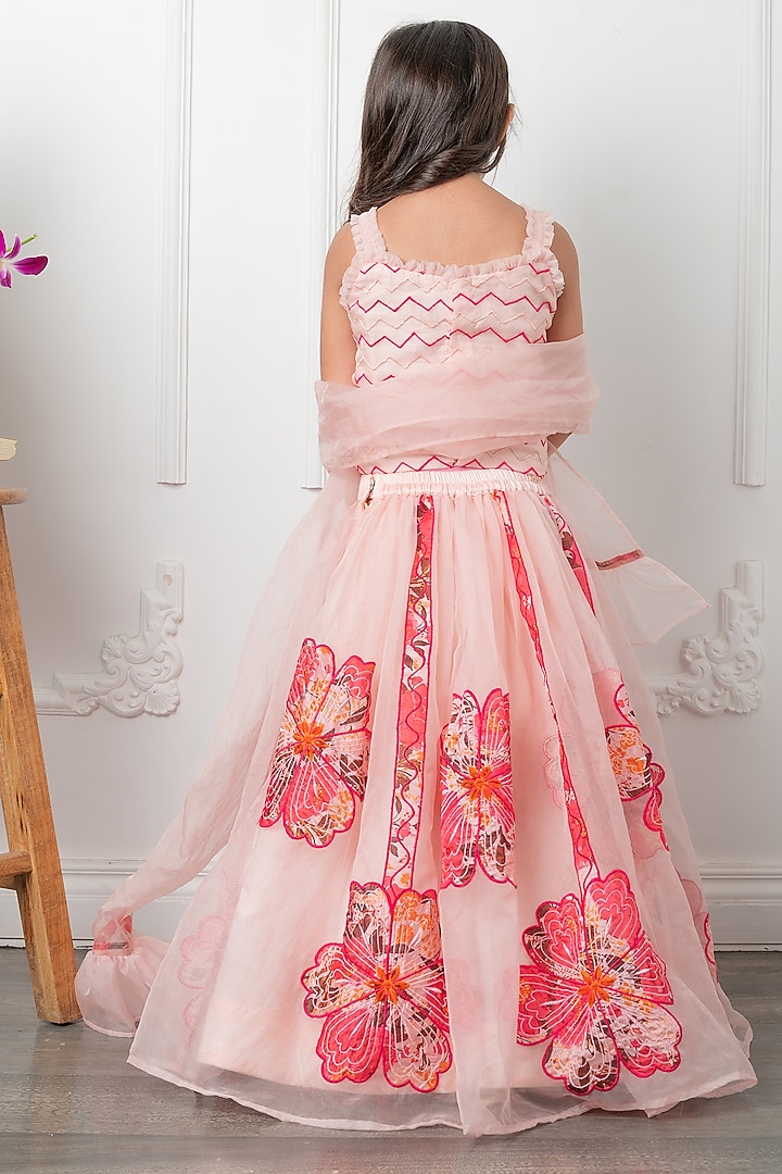 Pink Silk Floral & Applique Embroidered Lehenga Set For Girls by Kirti Agarwal Pret n Couture at Pernia's Pop Up Shop