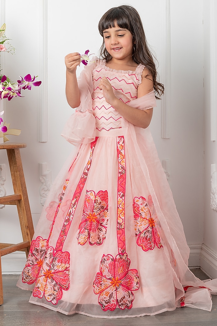 Pink Silk Floral & Applique Embroidered Lehenga Set For Girls by Kirti Agarwal Pret n Couture at Pernia's Pop Up Shop