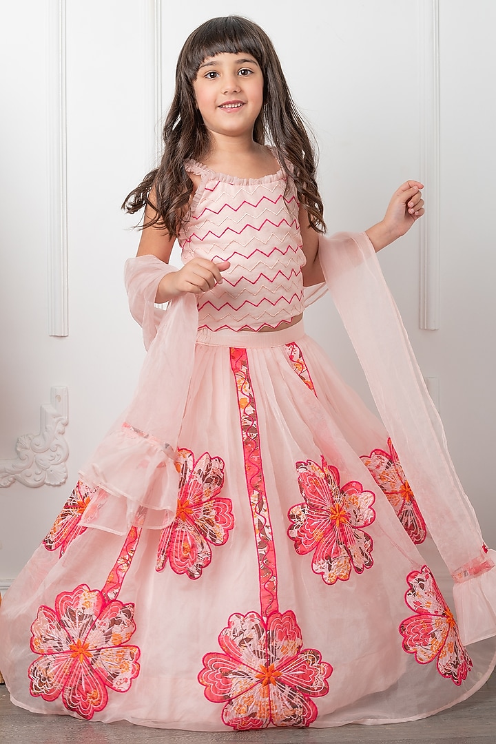 Pink Silk Floral & Applique Embroidered Lehenga Set For Girls by Kirti Agarwal Pret n Couture at Pernia's Pop Up Shop