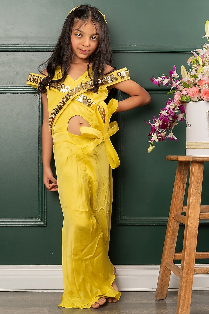 Yellow Organza Satin Floral & Mirror Jumpsuit For Girls by Kirti Agarwal Pret n Couture at Pernia's Pop Up Shop
