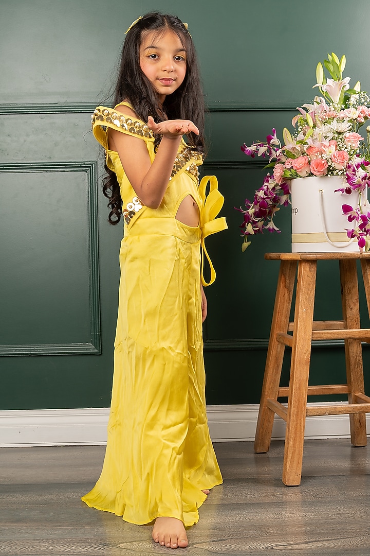 Yellow Organza Satin Floral & Mirror Jumpsuit For Girls by Kirti Agarwal Pret n Couture at Pernia's Pop Up Shop