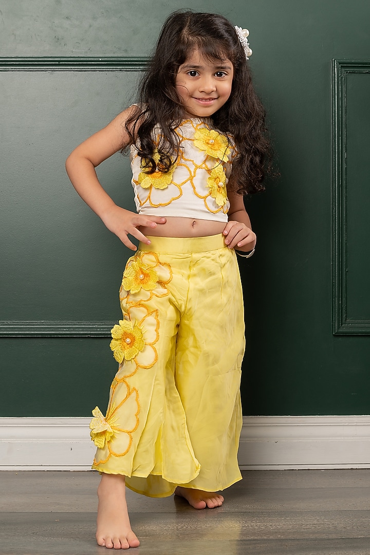 Off-White & Red Organza satin Floral Embroidered Co-Ord Set For Girls by Kirti Agarwal Pret n Couture at Pernia's Pop Up Shop