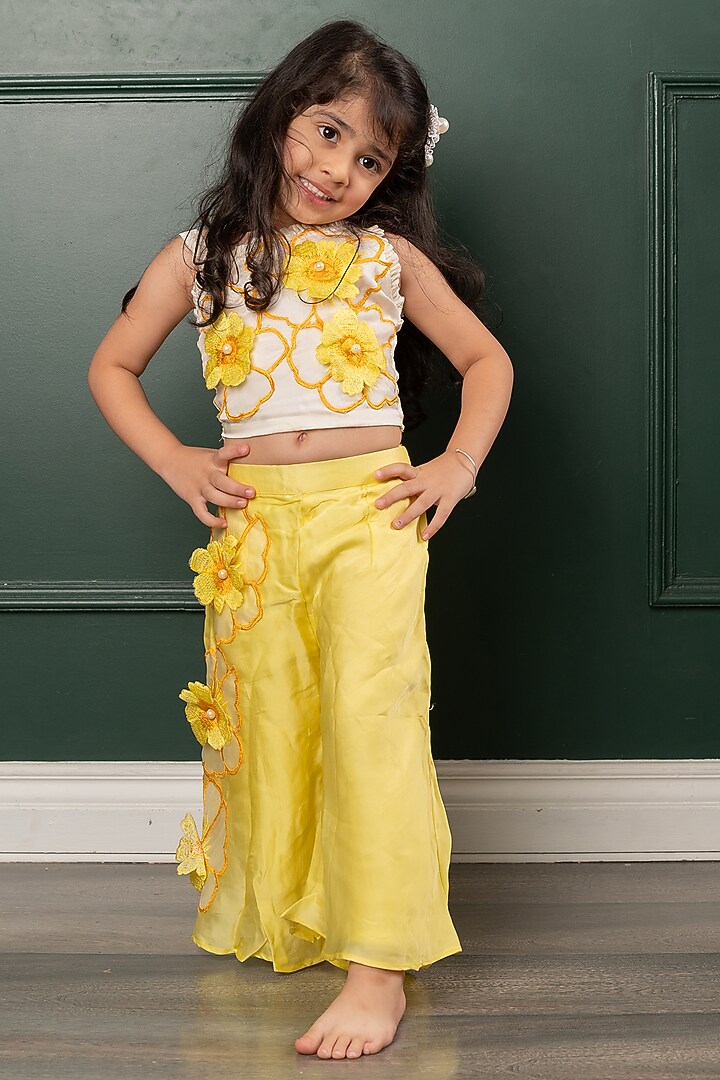 Off-White & Red Organza satin Floral Embroidered Co-Ord Set For Girls by Kirti Agarwal Pret n Couture at Pernia's Pop Up Shop