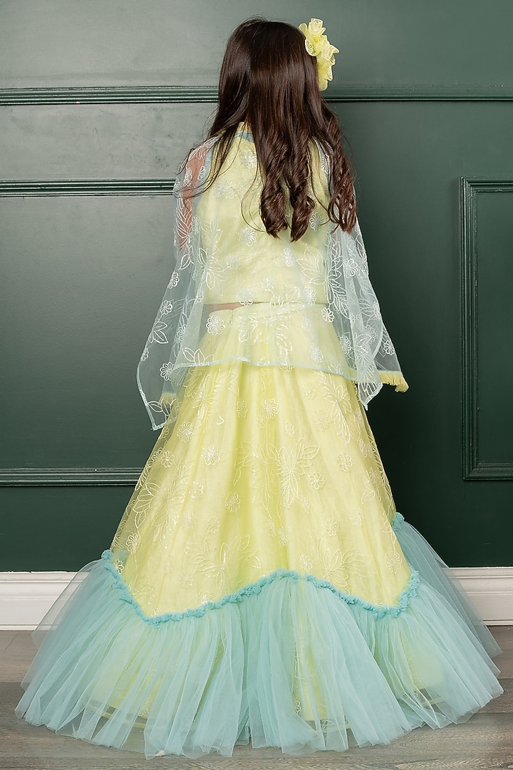 Green Embroidered Net Frilled Lehenga Set For Girls by Kirti Agarwal Pret n Couture at Pernia's Pop Up Shop