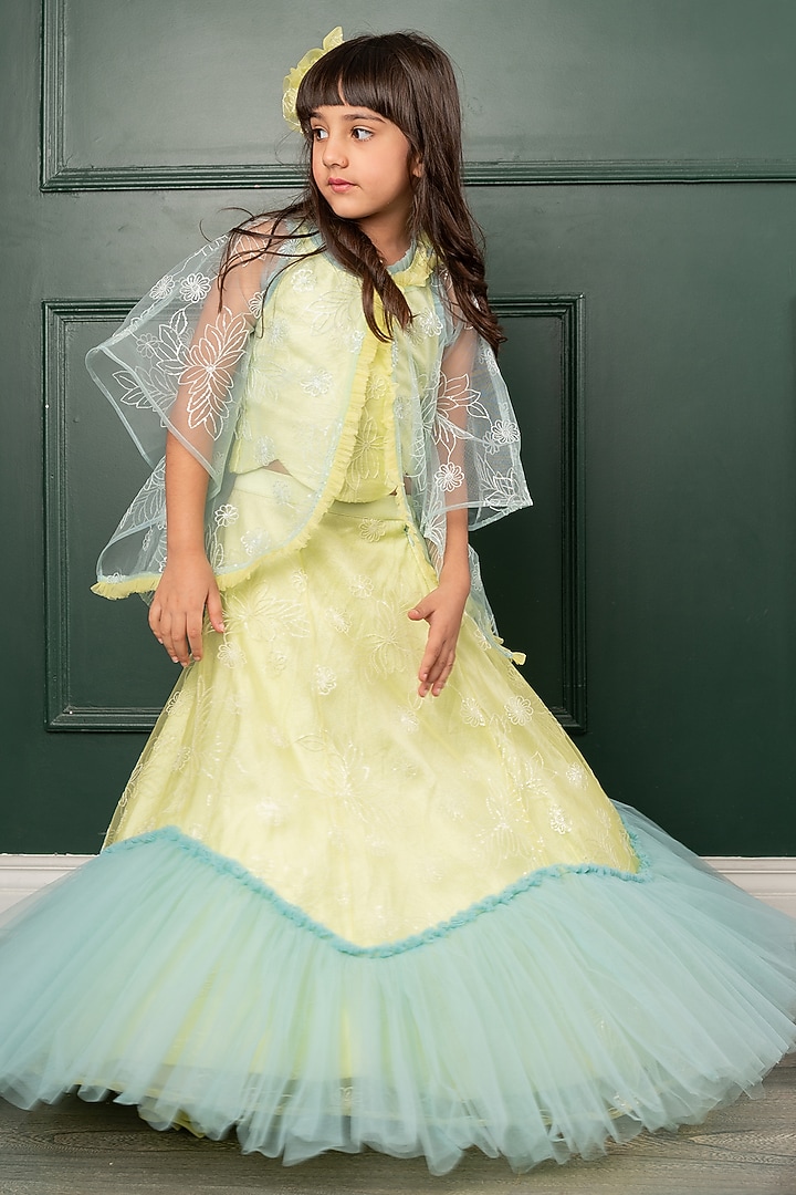 Green Embroidered Net Frilled Lehenga Set For Girls by Kirti Agarwal Pret n Couture at Pernia's Pop Up Shop