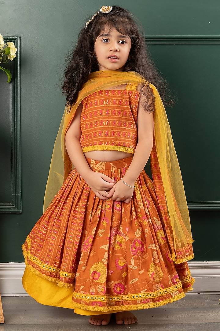 Brown & Yellow Pure Cotton Floral Printed & Mirror Lehenga Set For Girls by Kirti Agarwal Pret n Couture at Pernia's Pop Up Shop