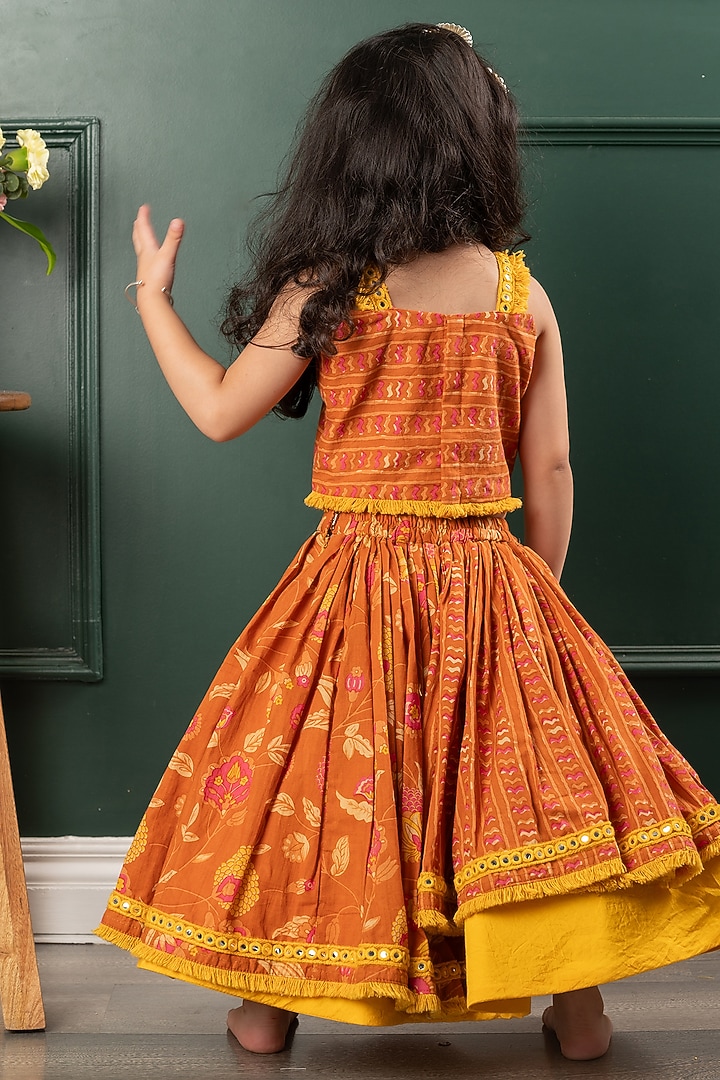 Brown & Yellow Pure Cotton Floral Printed & Mirror Lehenga Set For Girls by Kirti Agarwal Pret n Couture at Pernia's Pop Up Shop