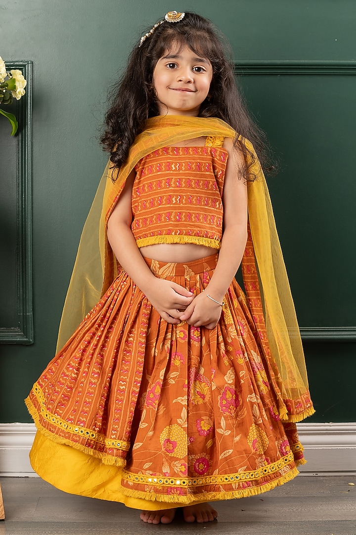 Brown & Yellow Pure Cotton Floral Printed & Mirror Lehenga Set For Girls by Kirti Agarwal Pret n Couture at Pernia's Pop Up Shop