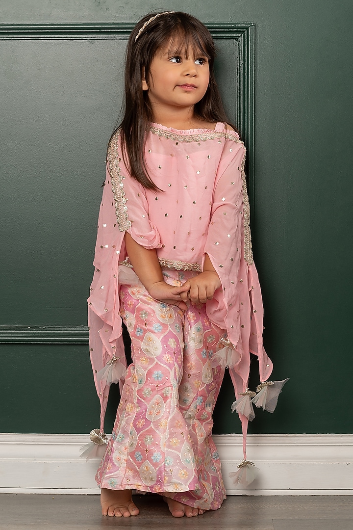 Pink Georgette Tassels & Sequins Embroidered Cape Set by Kirti Agarwal Pret n Couture at Pernia's Pop Up Shop