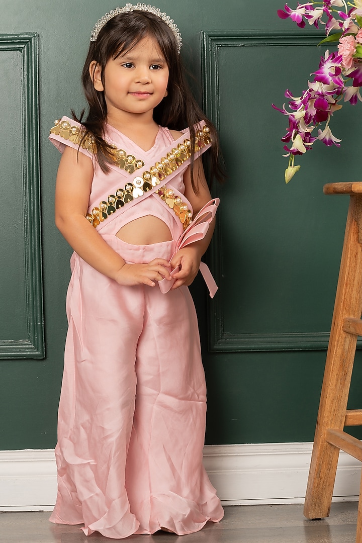 Pastel Pink Satin Organza Mirror Jumpsuit For Girls by Kirti Agarwal Pret n Couture at Pernia's Pop Up Shop