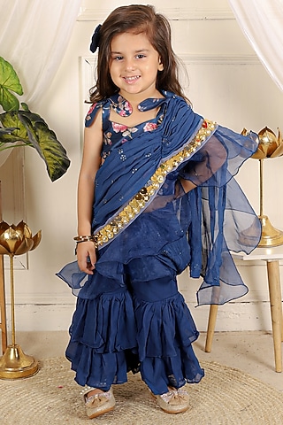 Ink Blue Organza Sharara Set For Girls by Kirti Agarwal Pret n Couture