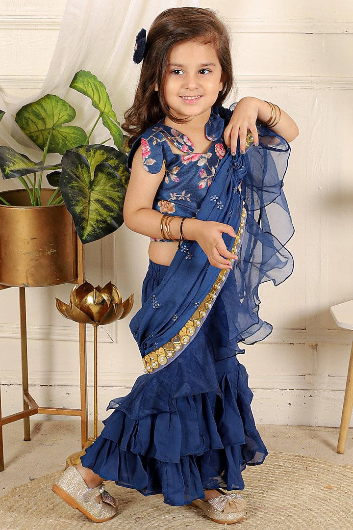Ink Blue Organza Sharara Set For Girls by Kirti Agarwal Pret n Couture at Pernia's Pop Up Shop