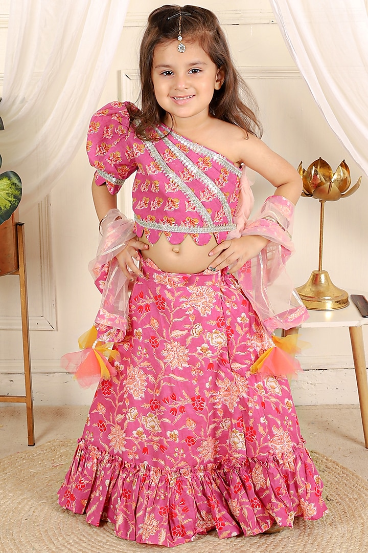 Pink Pure Cotton Printed & Ruffled Lehenga Set For Girls by  Kirti Agarwal Pret n Couture at Pernia's Pop Up Shop