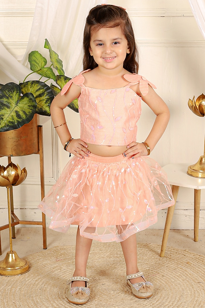 Peach Net Floral Embroidered Skirt Set For Girls by Kirti Agarwal Pret n Couture at Pernia's Pop Up Shop