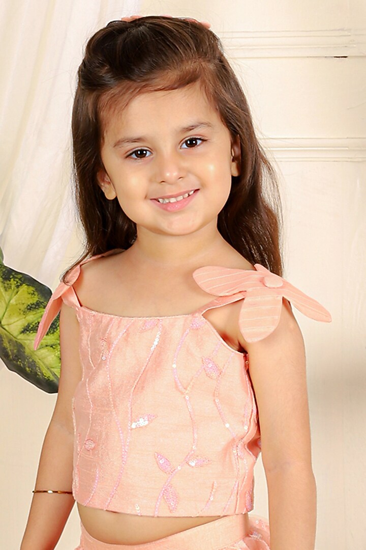 Peach Net Floral Embroidered Skirt Set For Girls by Kirti Agarwal Pret n Couture at Pernia's Pop Up Shop