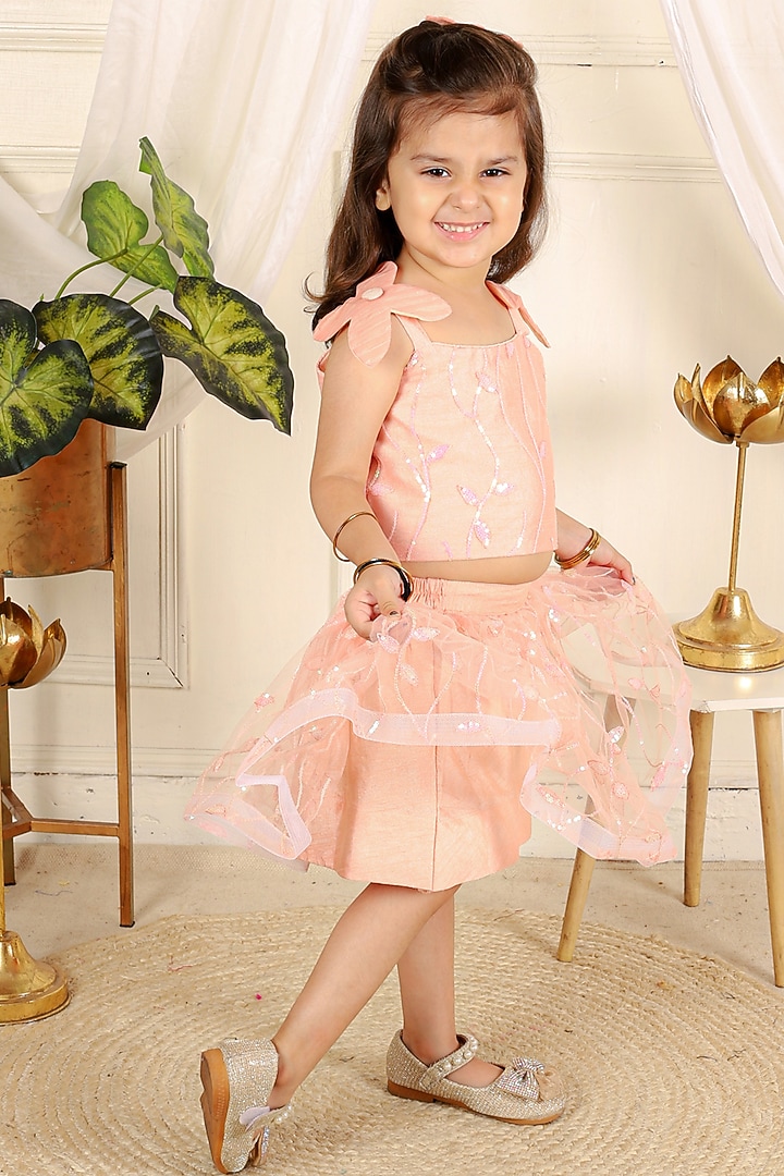 Peach Net Floral Embroidered Skirt Set For Girls by Kirti Agarwal Pret n Couture at Pernia's Pop Up Shop