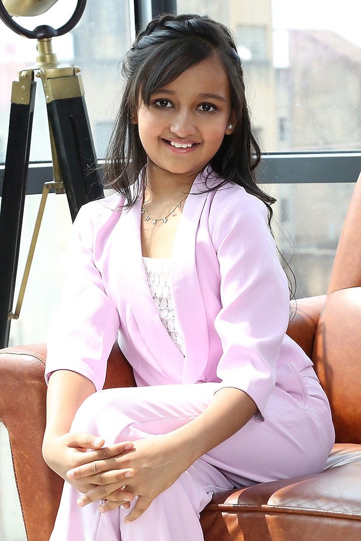 Lavender & Off-White Crepe Lycra Jacket Set For Girls by  Kirti Agarwal Pret n Couture