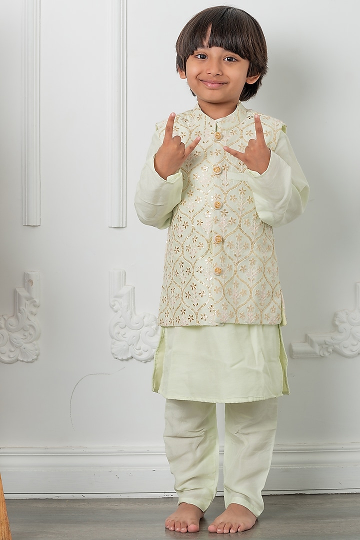Ivory embroidered Silk Nehru Jacket Set For Boys by  Kirti Agarwal Pret n Couture